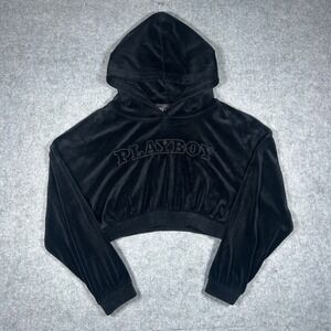 Playboy pullover Hoodie Womens Medium Black Velour Cropped y2k jumper streetwear
